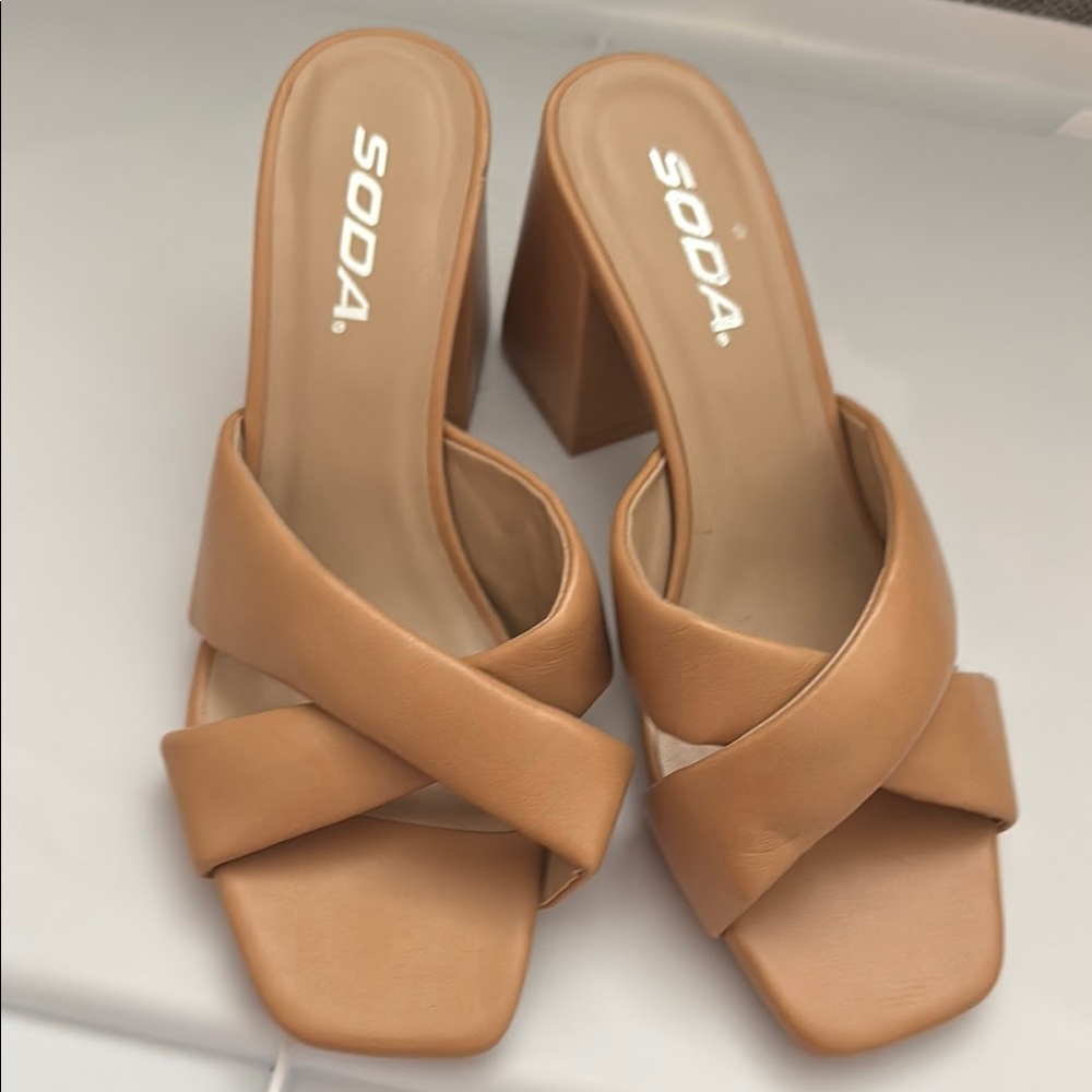 SODA Women's Tan Block Heel Sandals